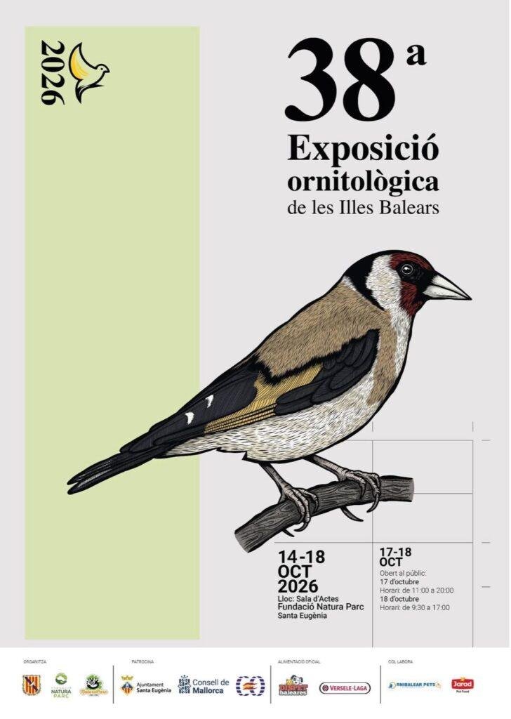 Cartel de la 38ª Exposició Ornitològica de les Illes Balears, Santa Eugènia (Mallorca), 14-18 de octubre de 2026