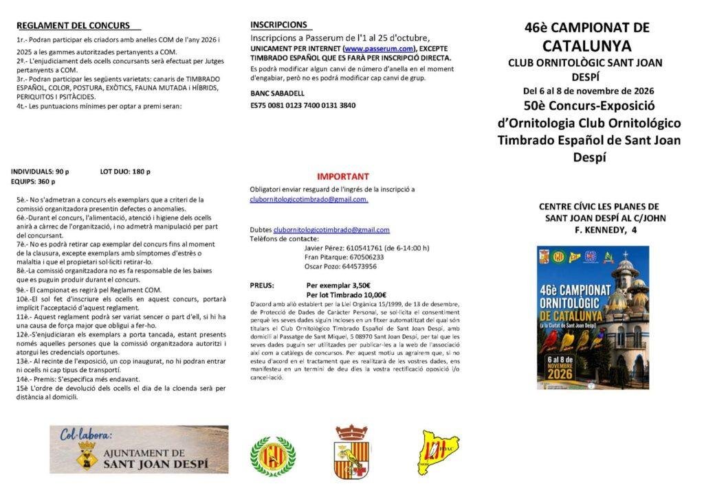 Folleto con el reglamento del concurso, inscripciones, precios y datos de contacto, 46º Campeonato Ornitológico de Cataluña 2026