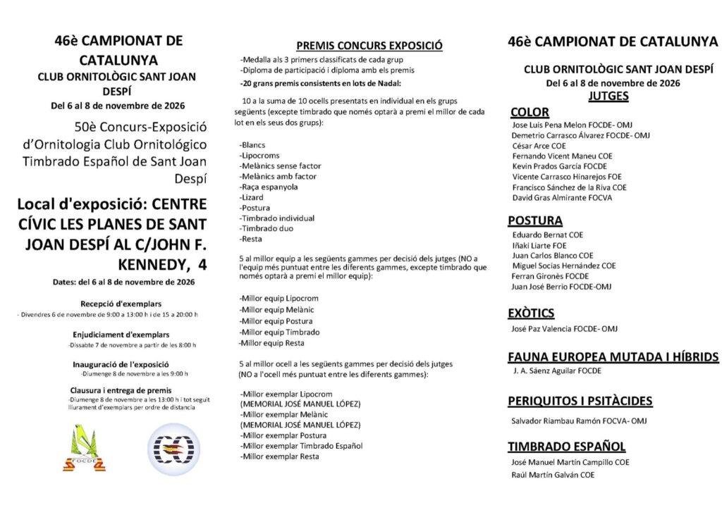 Folleto con premios del concurso exposición y listado de jueces por categoría, 46º Campeonato Ornitológico de Cataluña 2026