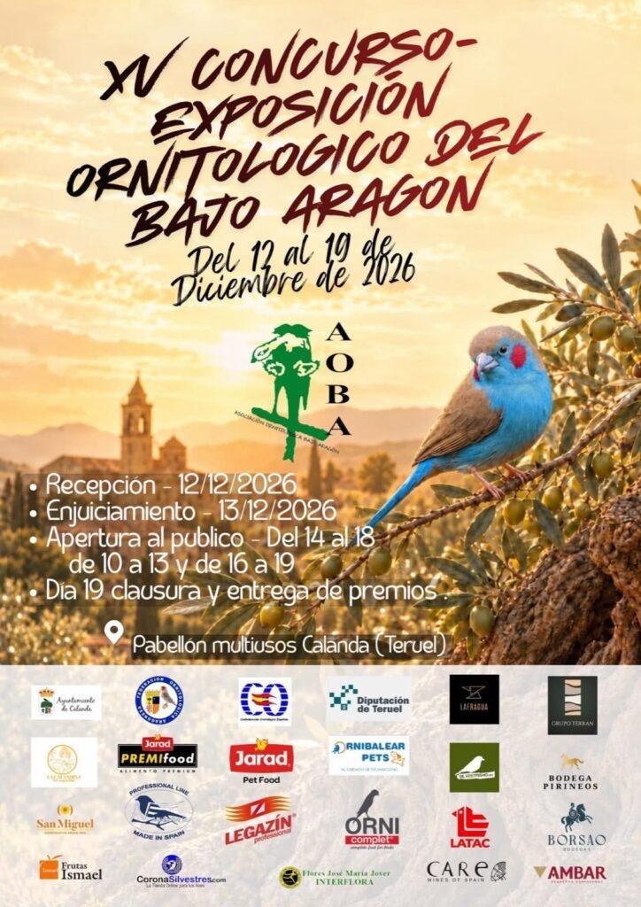 Cartel del XV Concurso-Exposición Ornitológico del Bajo Aragón, Calanda (Teruel), 12-19 de diciembre de 2026